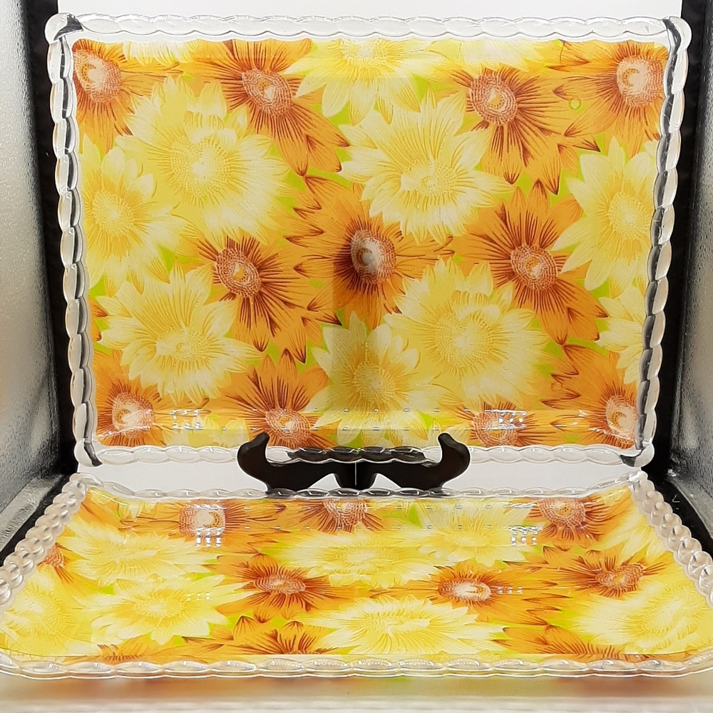 Pair of Vintage Hard Plastic Serving Trays Sunflowers Rope Edge Trim Glitter